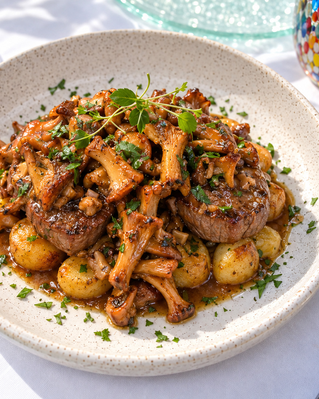 Tagliata de noix d'entrecôte aux girolles et pommes de terre