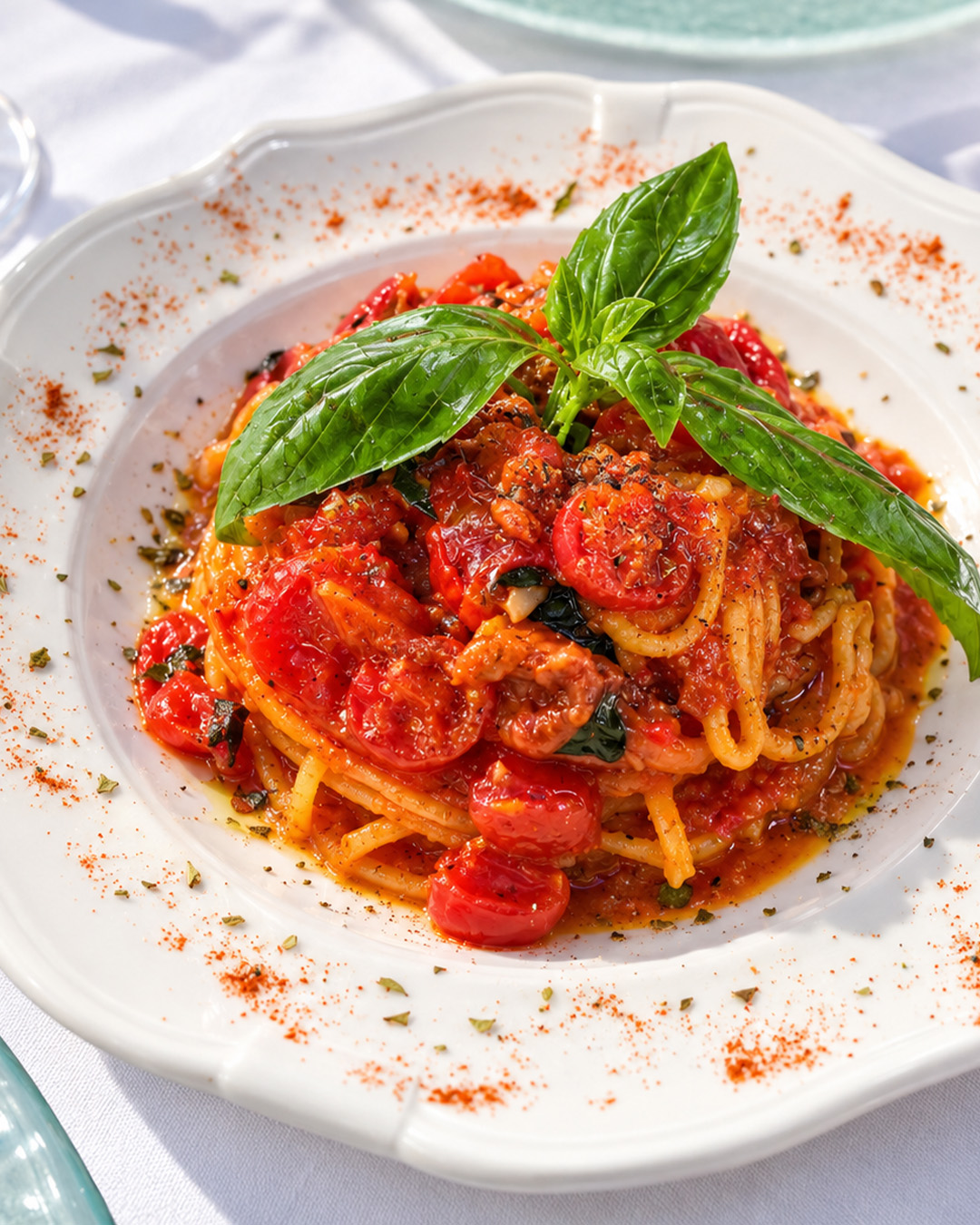 Tagliolini aux trois tomates servis avec basilic frais
