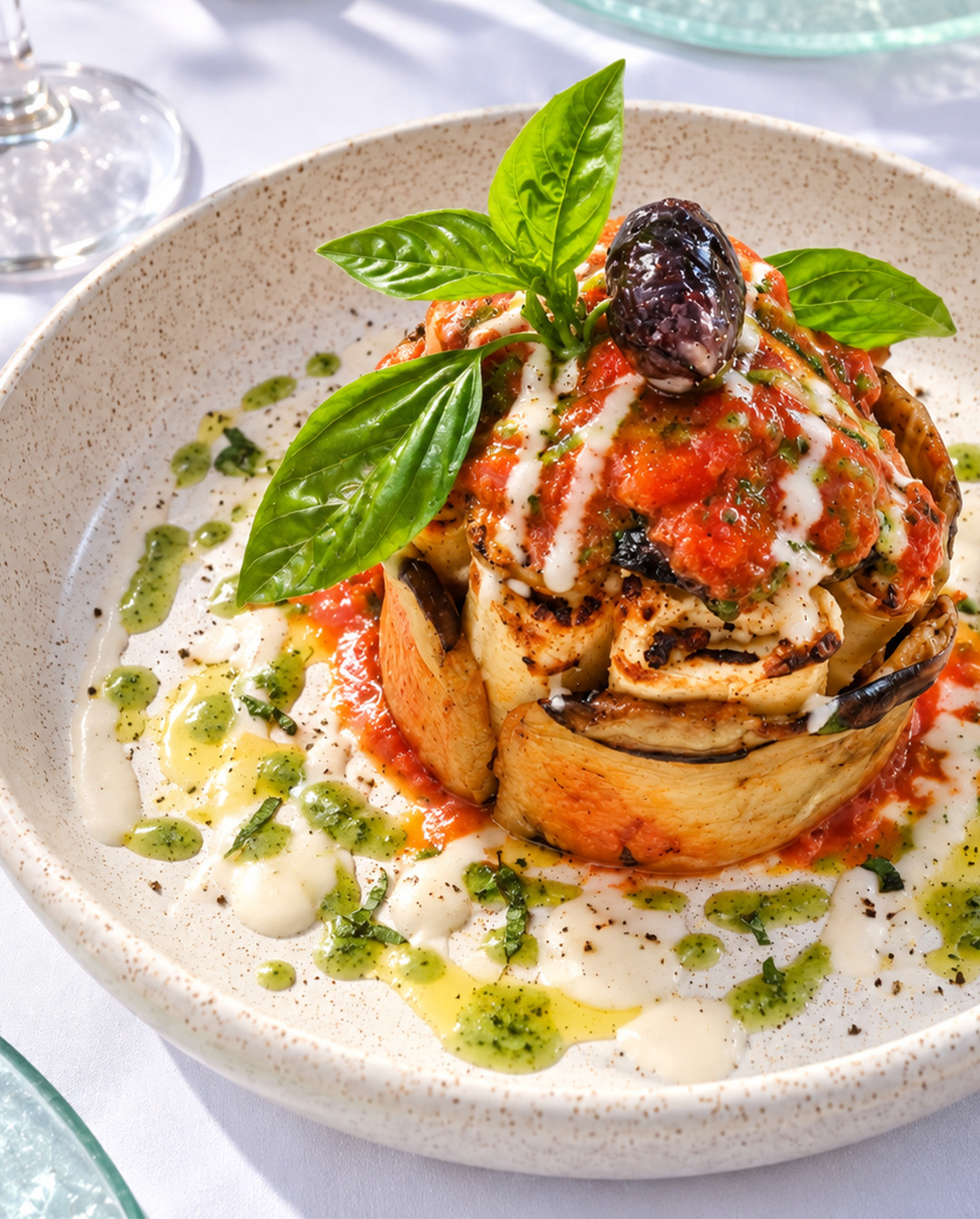 Timballo alla Norma aux aubergines, tomate et basilic